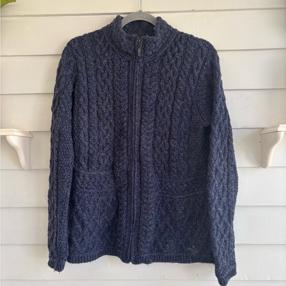 Inis Crafts Blue Marled Merino Wool Sweater Full Zip Sweater Size Medium - Picture 4 of 10